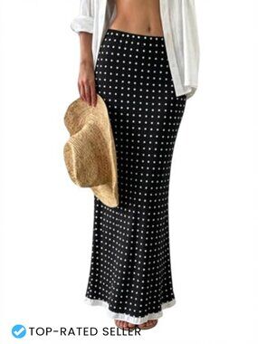 Women's Polka Dot A-Line Skirt, Flowy Maxi Ruffle Fishtail Skirt